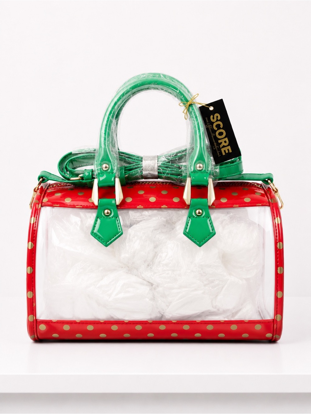 Score Clear Polka Dot Mini Barrel Bag in Red and Green
